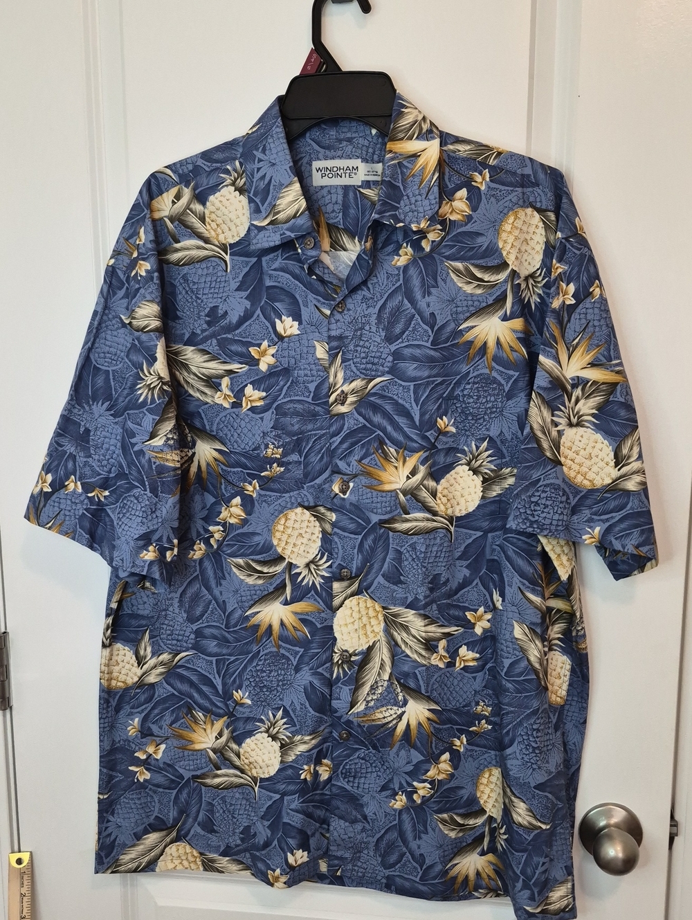 Windham Pointe Blue Pineapple-Print Short Sleeve Button-Down Shirt Size L Cotton